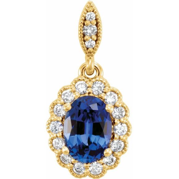 14k Yellow Gold Lab Created Sapphire & 1/5 CTW Diamond Pendant 9x18mm